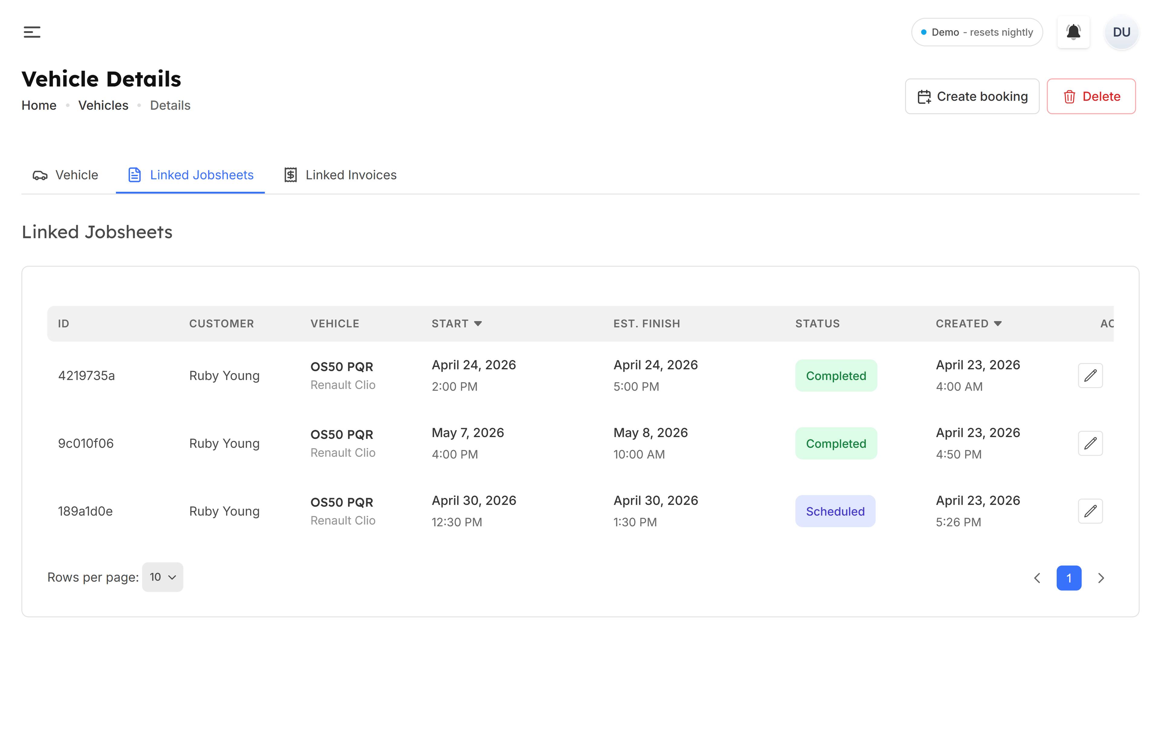 Service history showing linked jobsheets and invoices for a vehicle