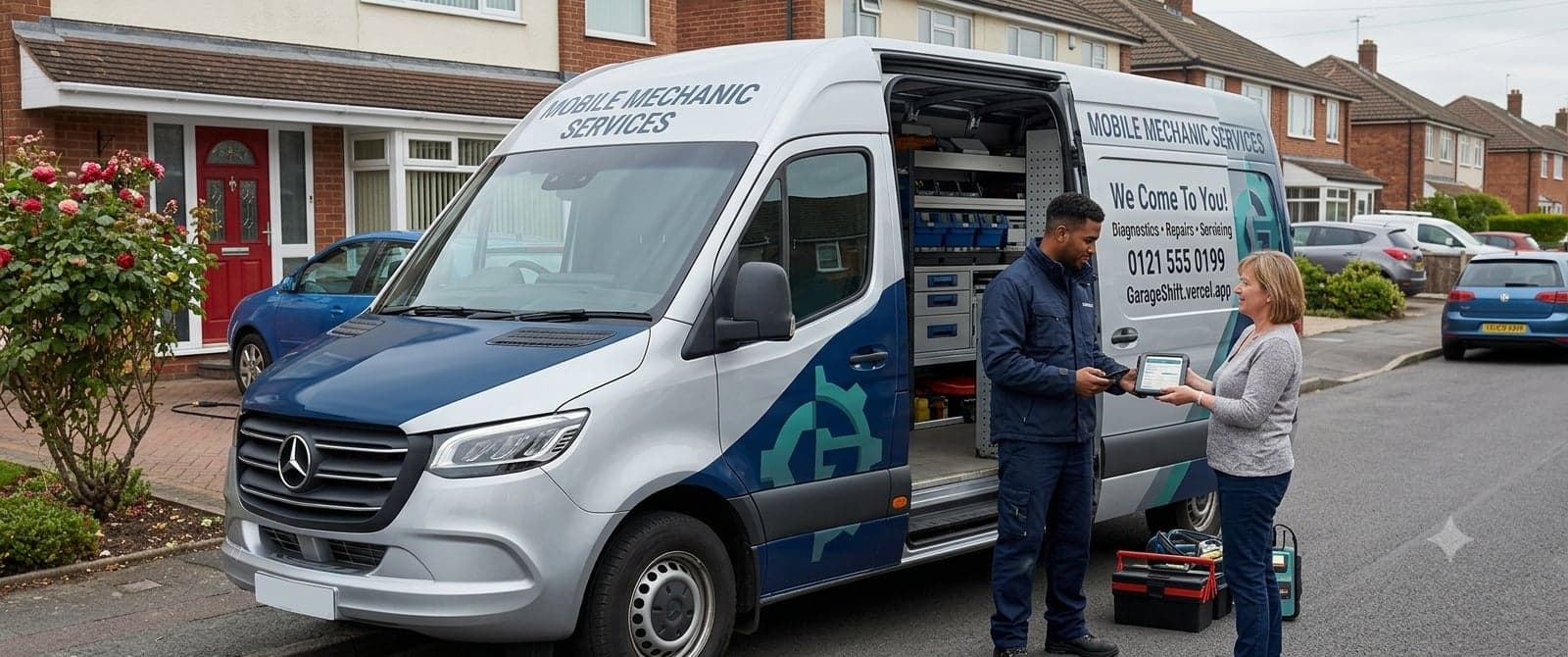 A mobile mechanic's van parked on a residential street with the Garage Shift booking page open on a phone