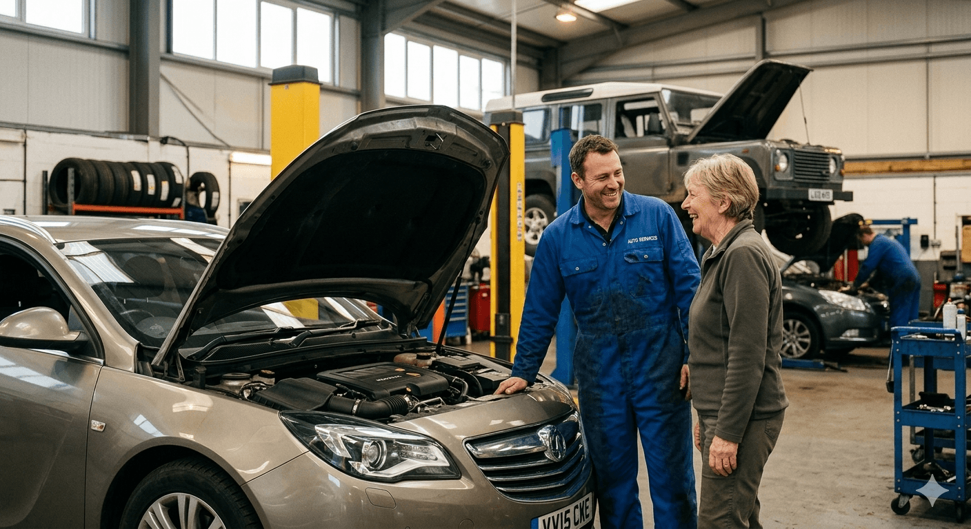Mechanic reviewing a vehicle with a customer