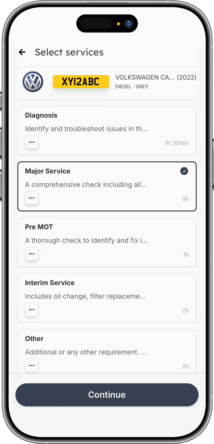 Booking flow showing DVSA vehicle lookup and time slot selection