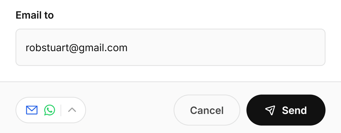 The Notify via control showing Email and WhatsApp toggles when sending an invoice
