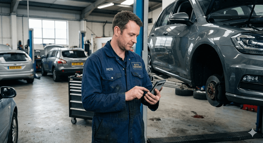 Mechanic completing a digital vehicle health check on a phone