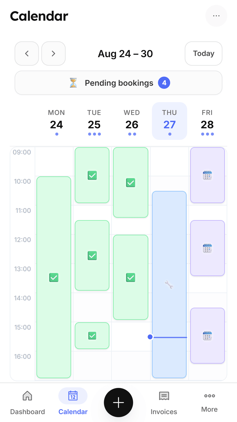 The Garage Shift calendar on a phone showing a week of jobs laid out by time, a pending-bookings count, and today highlighted
