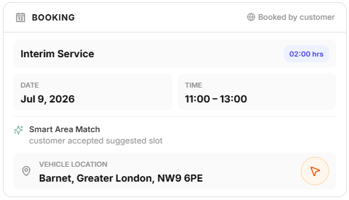 A pending booking request showing a Smart Area Match note that the customer accepted the suggested slot