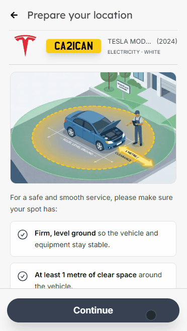 A customer entering their vehicle location, seeing the 'we'll already be in your area on Monday' nudge, and booking that nearby day in a tap